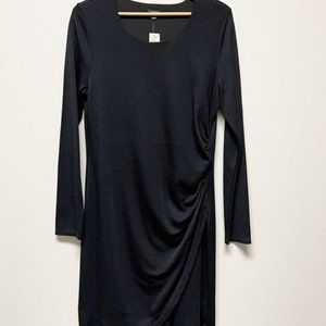 Black Wool Blend Long Sleeve Faux Wrap Black Midi